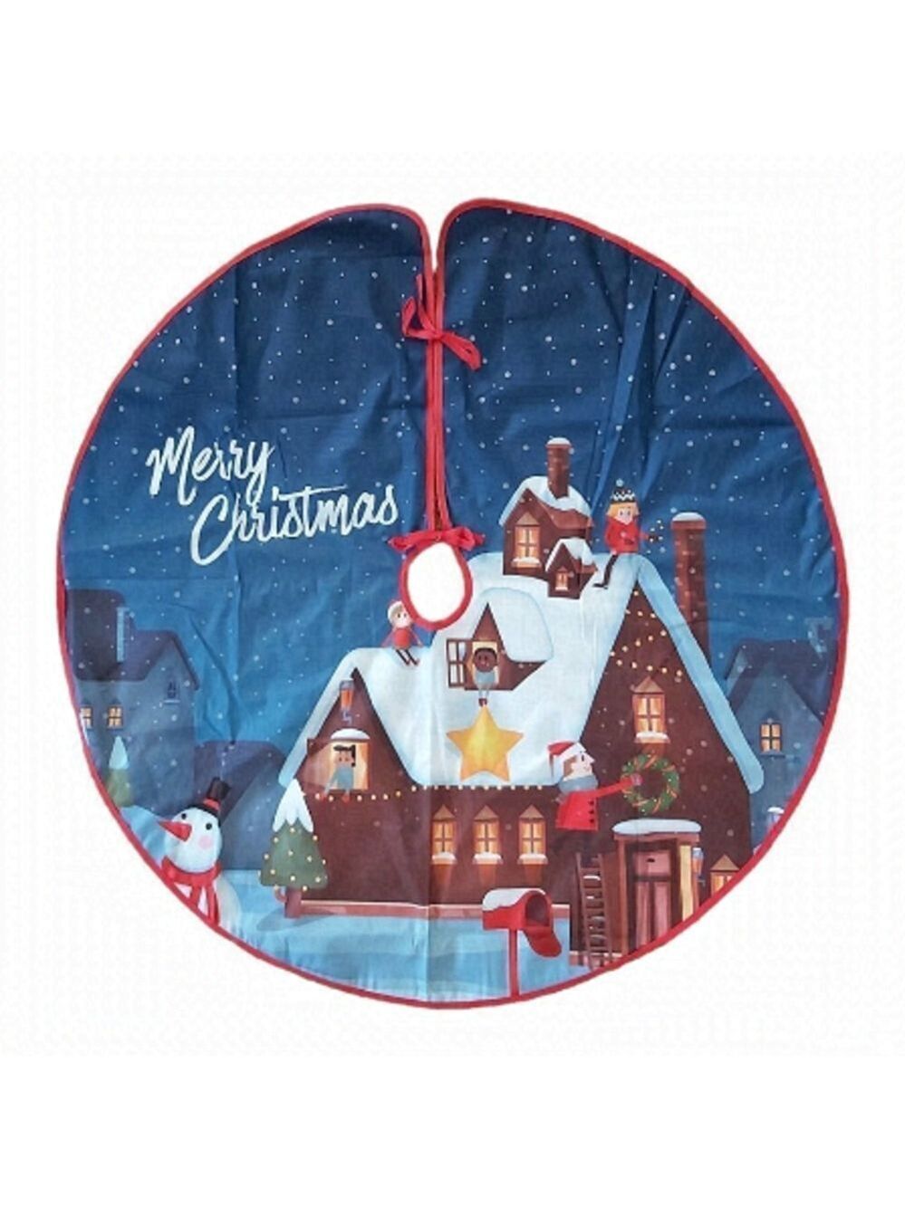 NWOT Medium "Merry Christmas" Tree Skirt With Decorative House & Snowman Scene